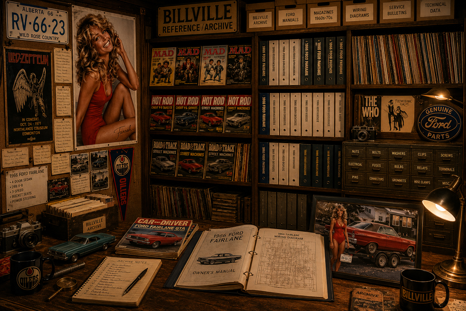 Billville archive room with magazines, manuals, records, car photos, Oilers memorabilia, Farrah references, and long-term reference material