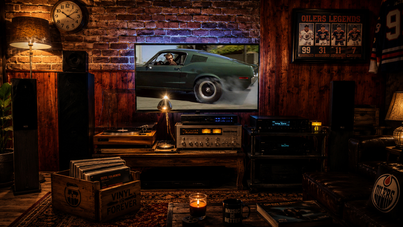 Billville Listening Room with vintage audio gear and movie playing on the screen