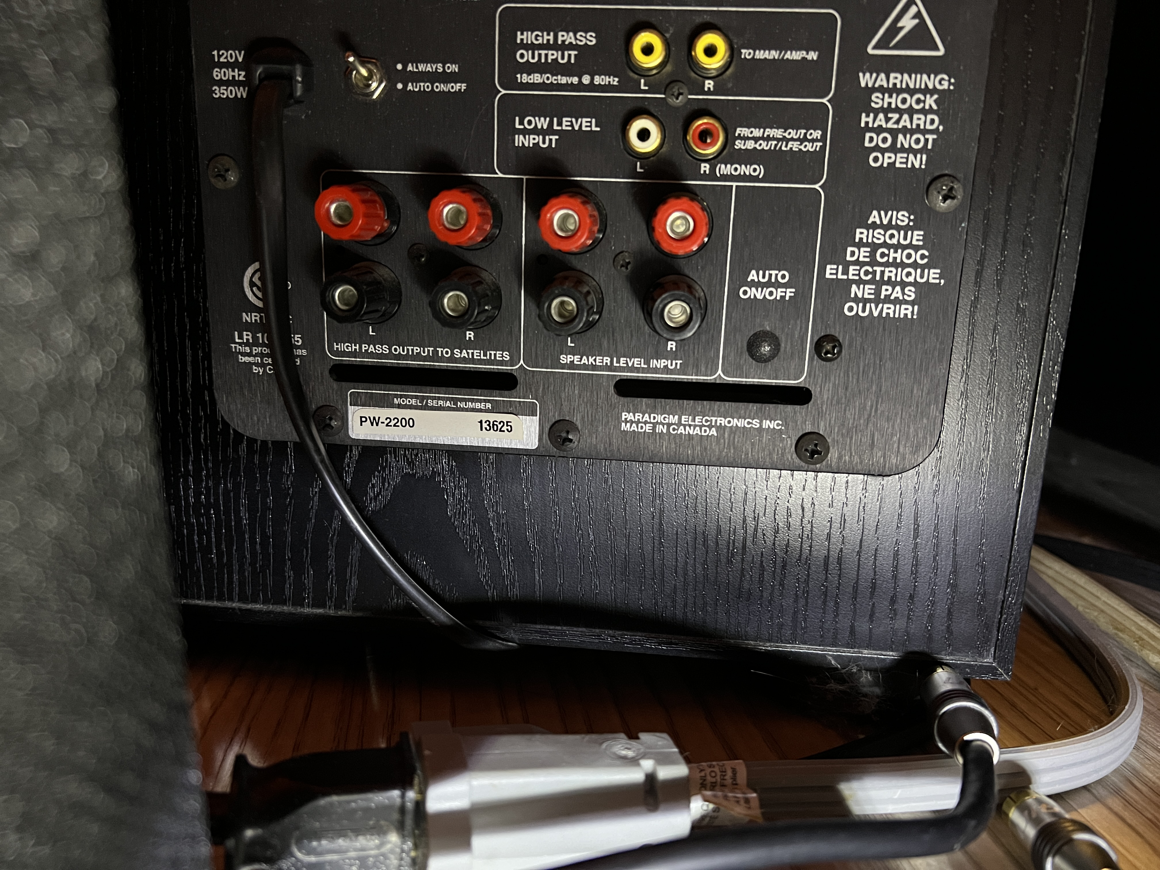 Paradigm PW-2200 subwoofer rear panel