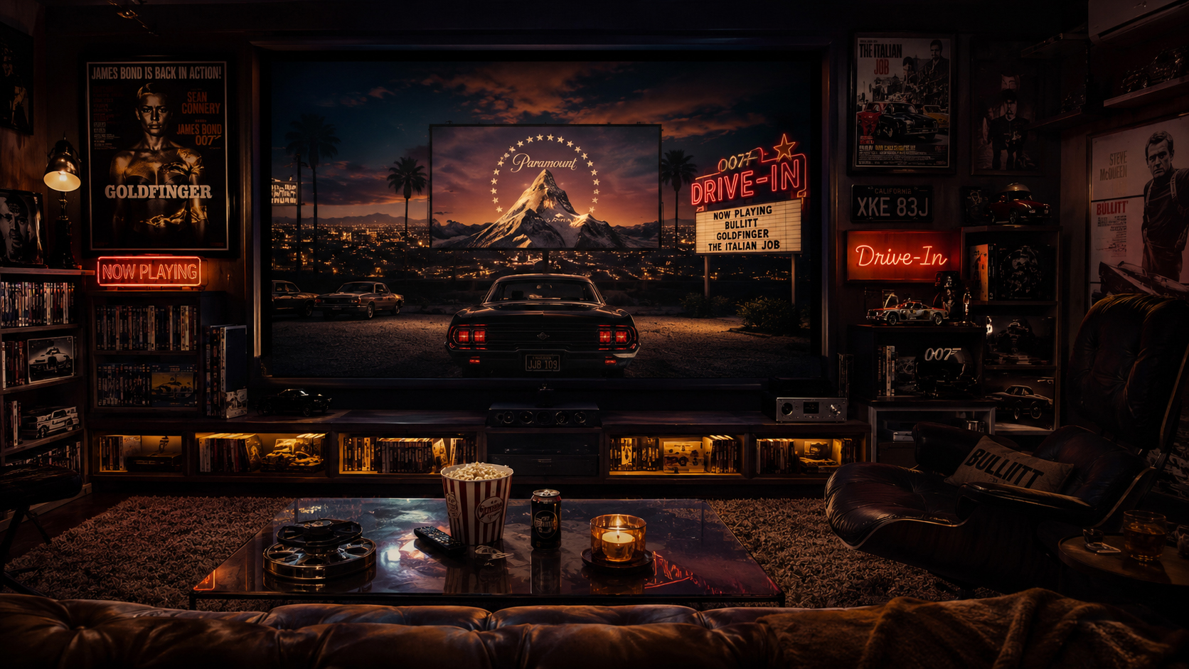 Billville Screening Room with movie shelves, theater gear, posters, and big-screen atmosphere